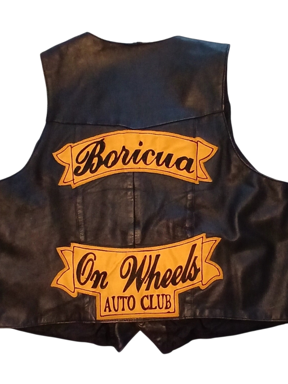 90TH Vintage Black Leather Vest with Yellow 'Boricua On Wheels' Patch